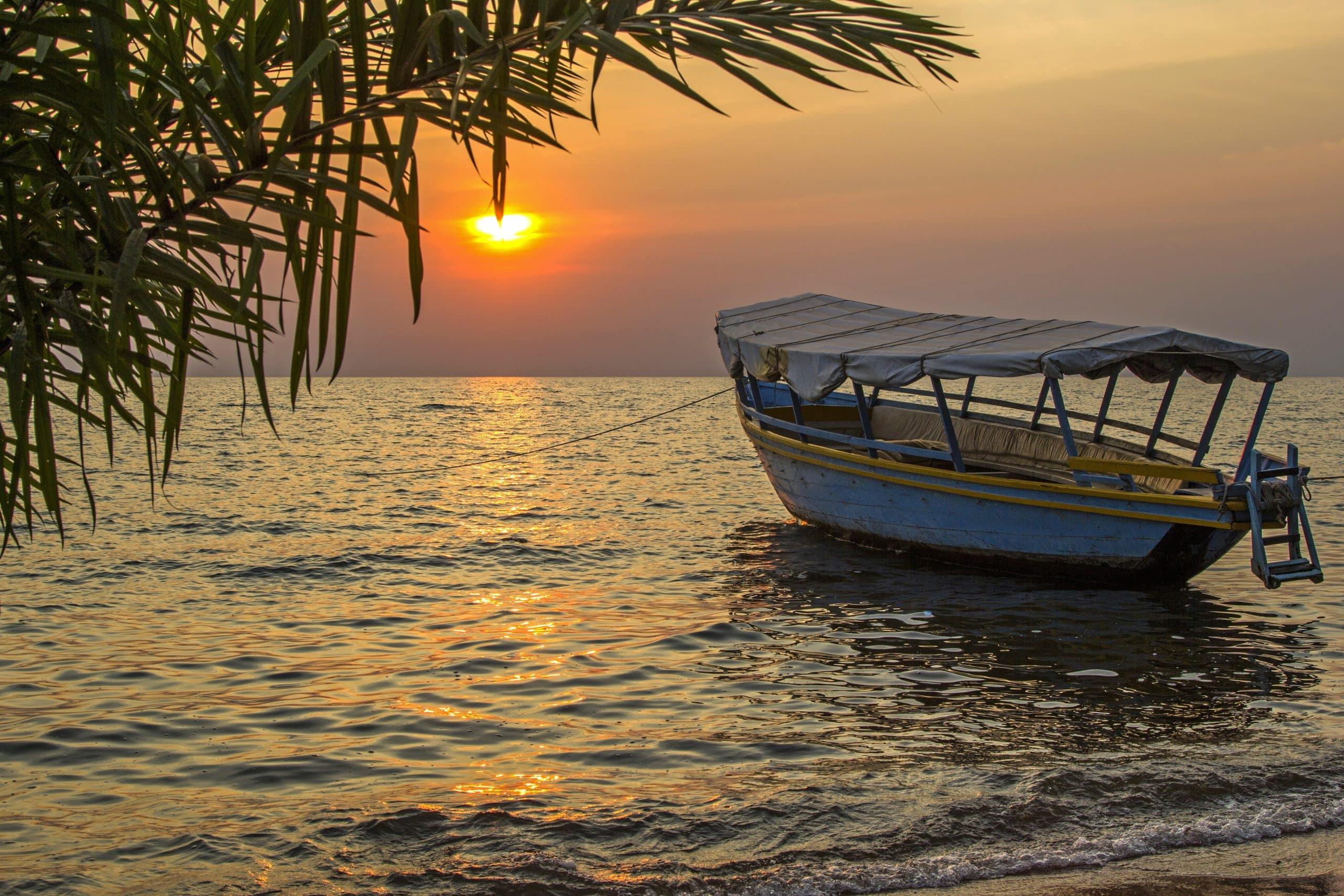 Boat on Lake Victoria at sunset, Uganda