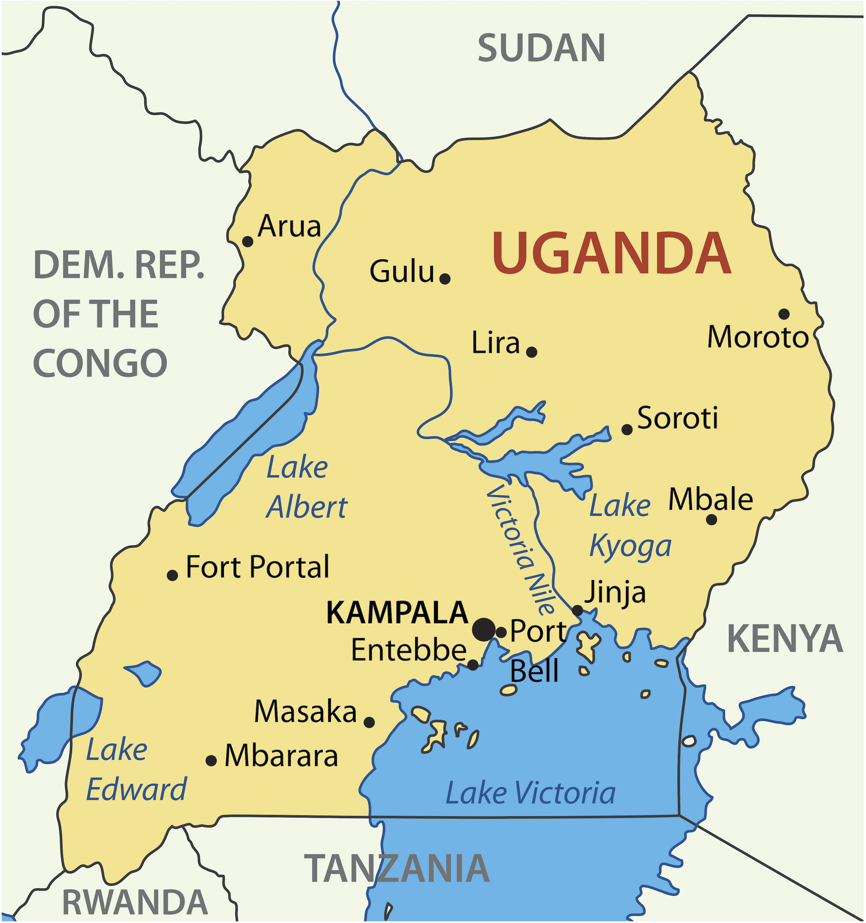 Map of Uganda showing Kampala, Lake Victoria, the Victoria Nile, and neighbouring countries